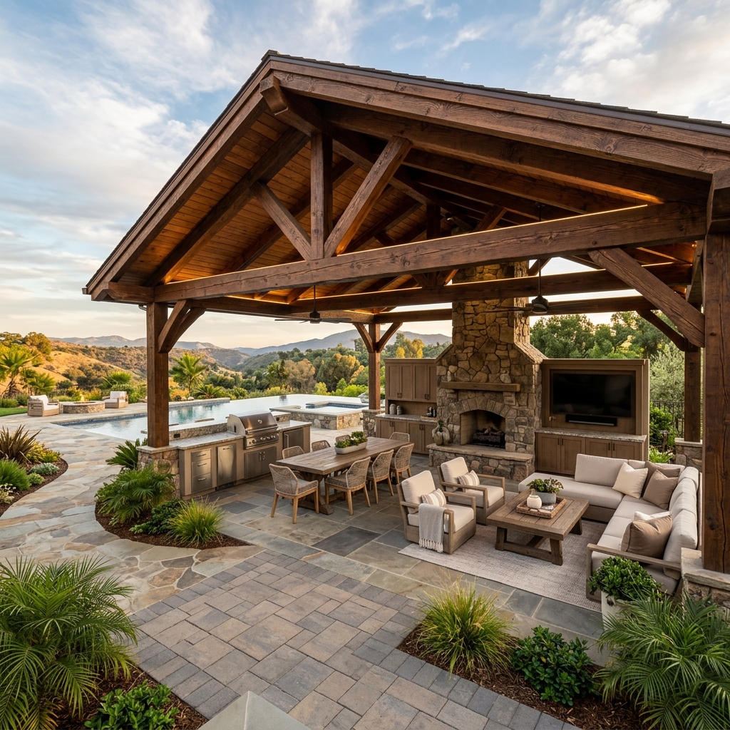 Bespoke cedar pergola with flagstone deck by JRM